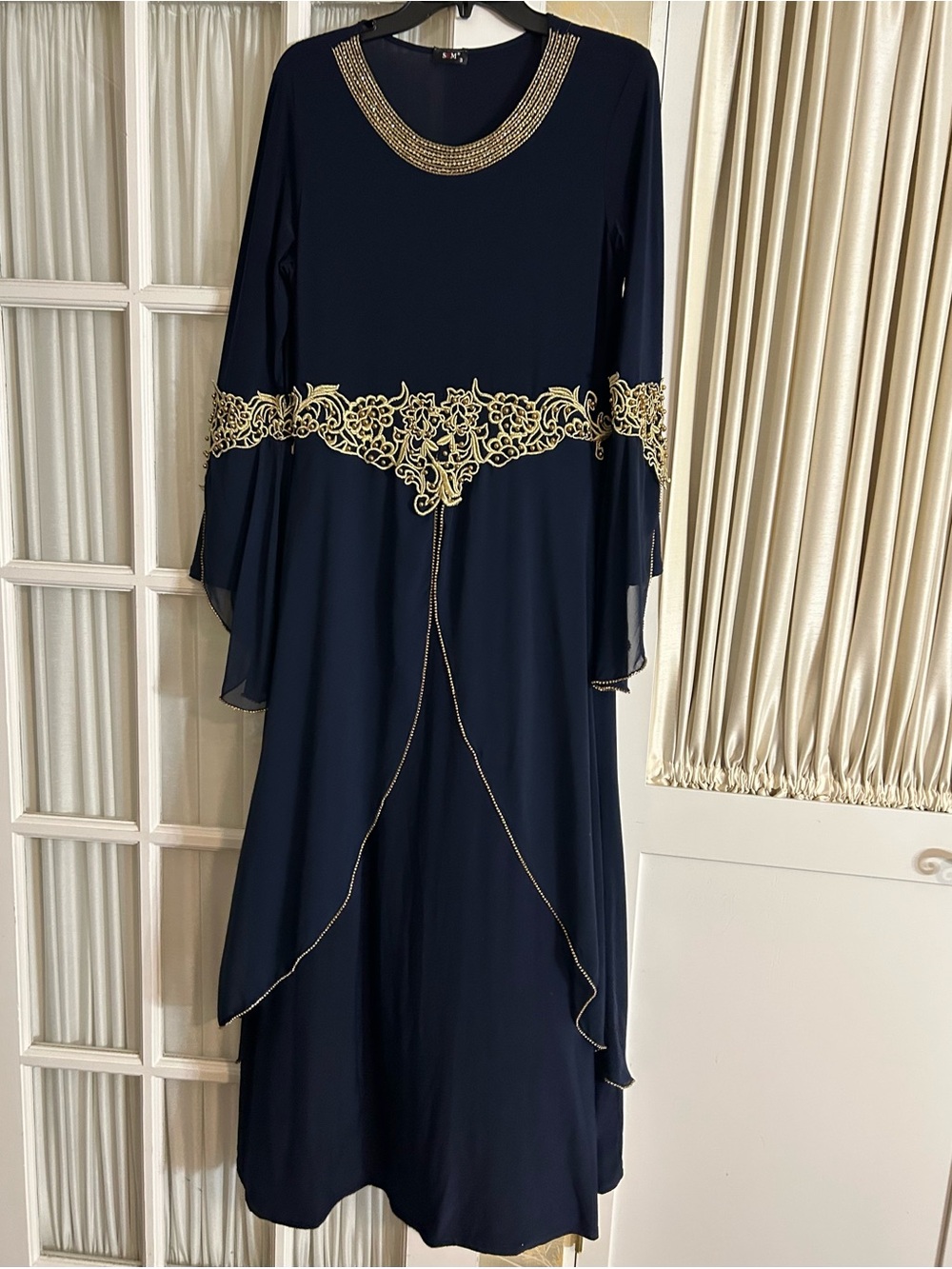Navy Long-Sleeve Maxi Dress with Gold Embellished Waist and Neck